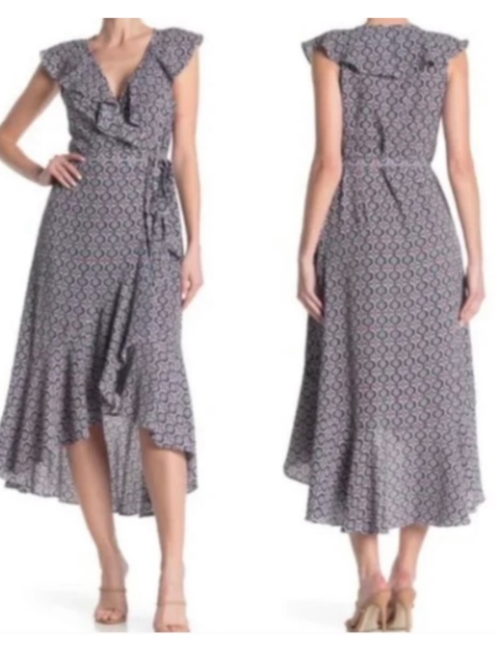 Max Studio Women’s Printed black/ white Ruffle Wrap Midi Dress- size L